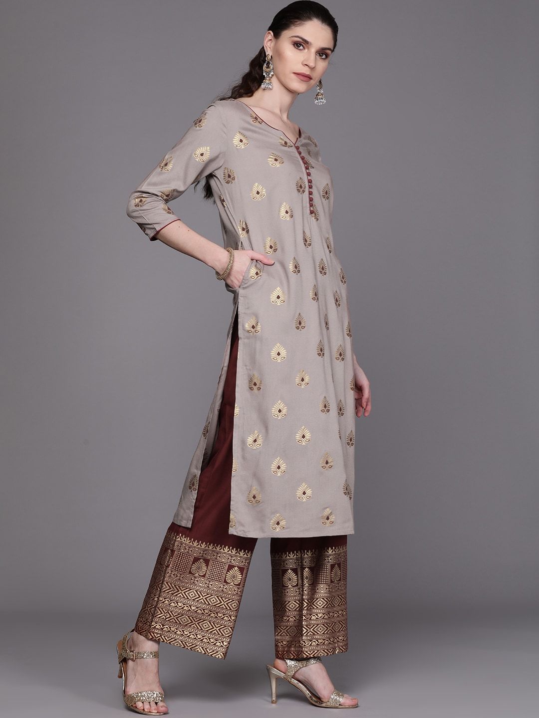 Women's  Grey & Maroon Printed Kurta with Palazzos