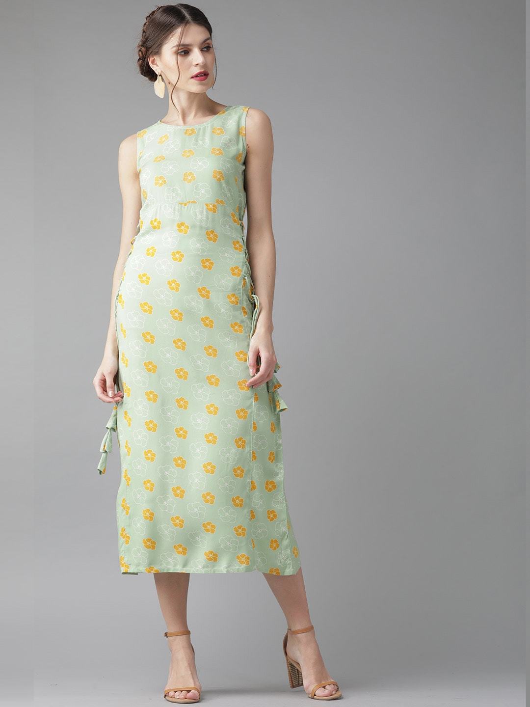 Women's  Green & Mustard Yellow Printed A-Line Dress