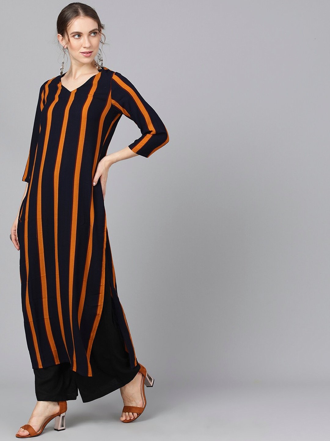Women's  Navy Blue & Yellow Striped Straight Kurta