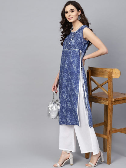 Women's  Navy Blue & White Printed Kurta with Palazzos