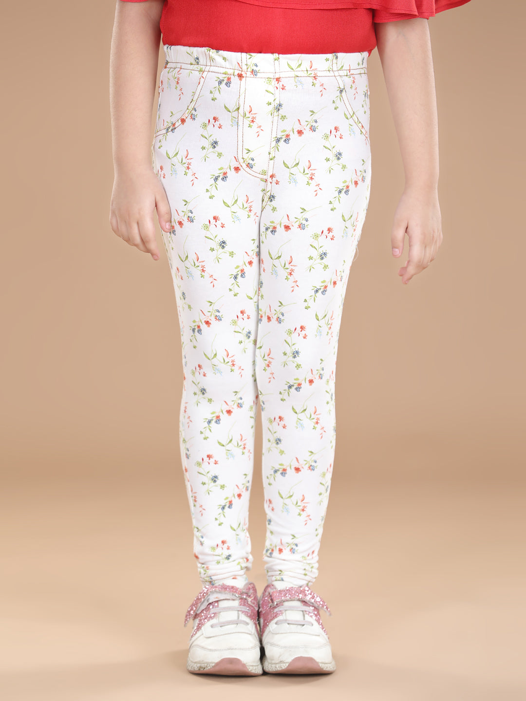 Girl's  Cotton Floral Printed Jegging And Red Top Set - S