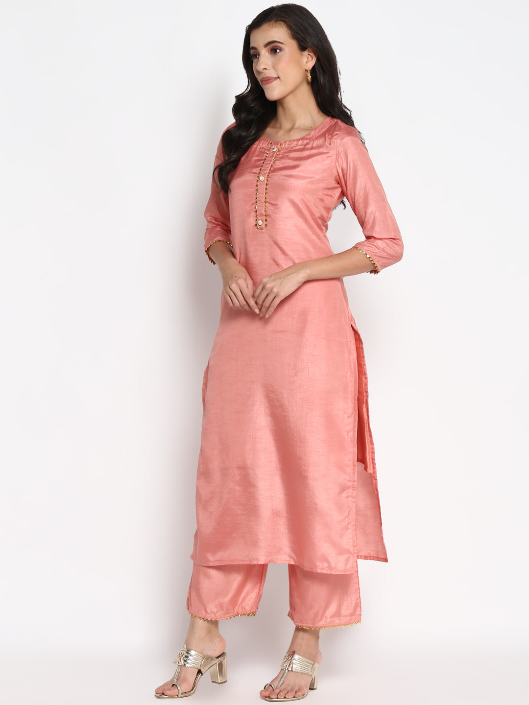 Women's Peach Color Silk Blend Straight Kurta Palazzo With Dupatta