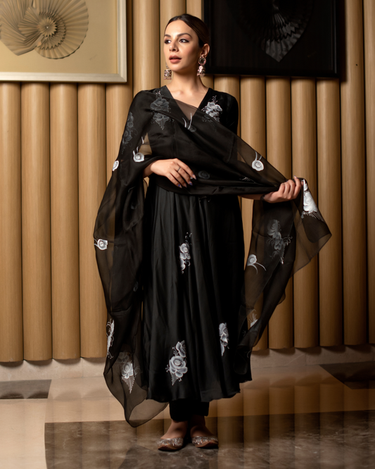 Women's Leather Black Handpainted Suit Set