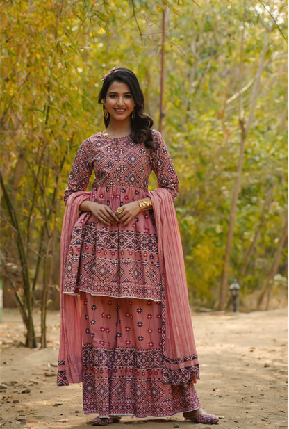 Women's Cambric Printed Flared Tunic Sharara Dupatta Set