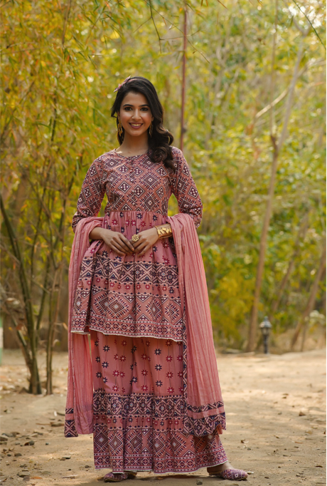 Women's Cambric Printed Flared Tunic Sharara Dupatta Set