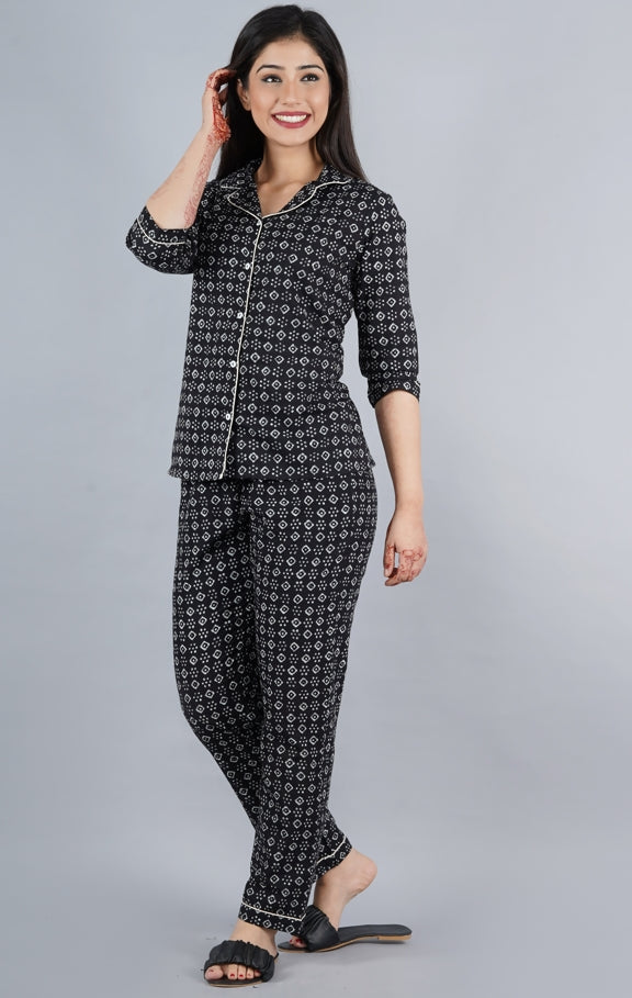 Women's Black Abstract Shirt Kurta Pyjama Set