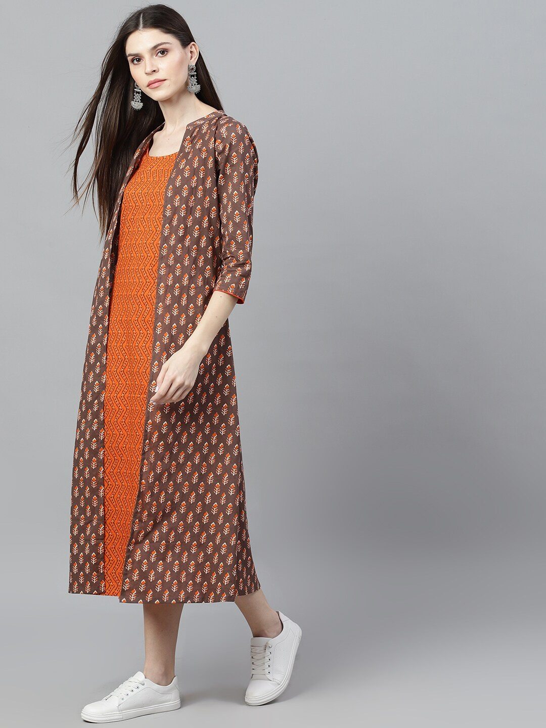 Women's  Brown Printed A-Line Dress