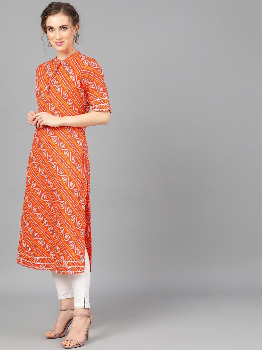 Women's  Orange & White Printed A-Line Kurta