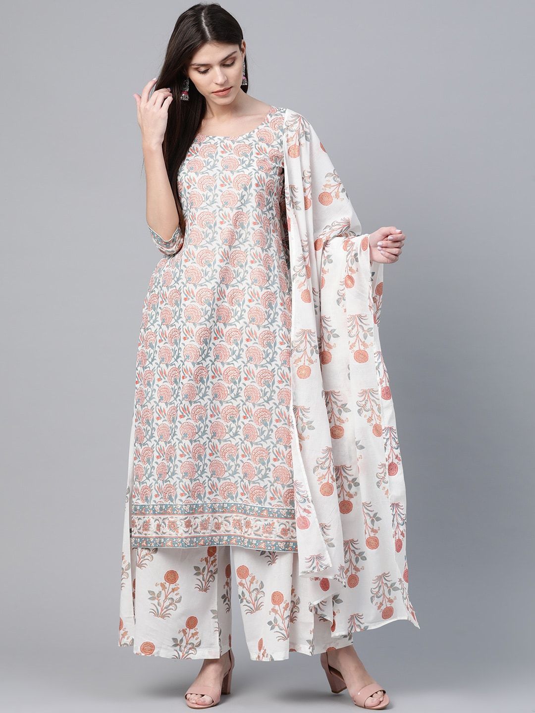 Women's  White & Pink Floral Foil Print Kurta with Palazzos & Dupatta