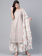 Women's  White & Pink Floral Foil Print Kurta with Palazzos & Dupatta