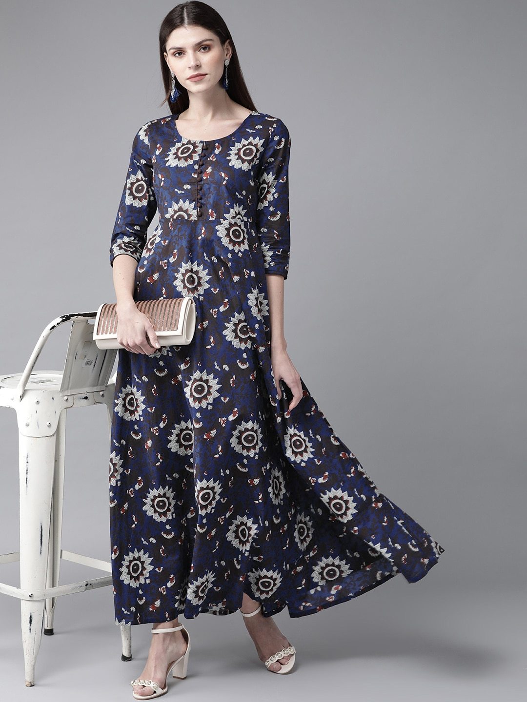 Women's  Navy Blue & Grey Printed Maxi Dress