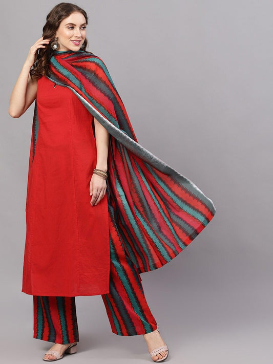 Women's  Red & Black Ikat Kurta Set With Dupatta