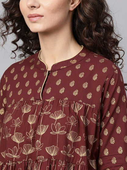 Women's Maroon gold printed gathered kurta