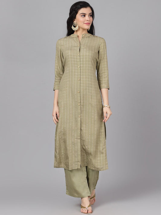 Women's  Olive Green & Gold-Coloured Printed Kurti with Palazzos
