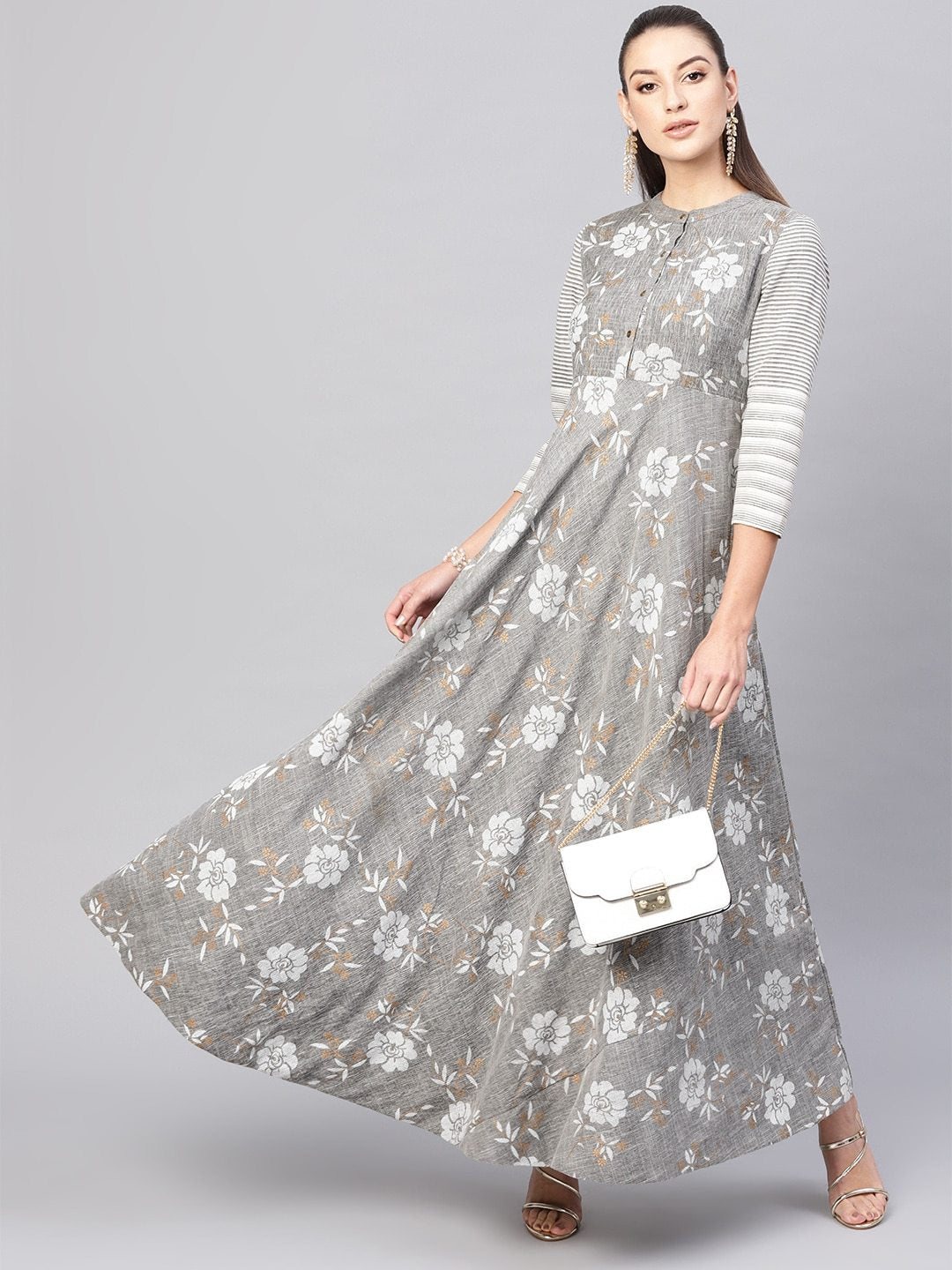 Women's  Grey & White Floral Print Maxi Dress