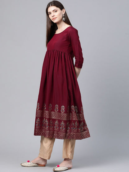 Women's  Maroon & Golden Printed Hem Empire A-Line Kurta