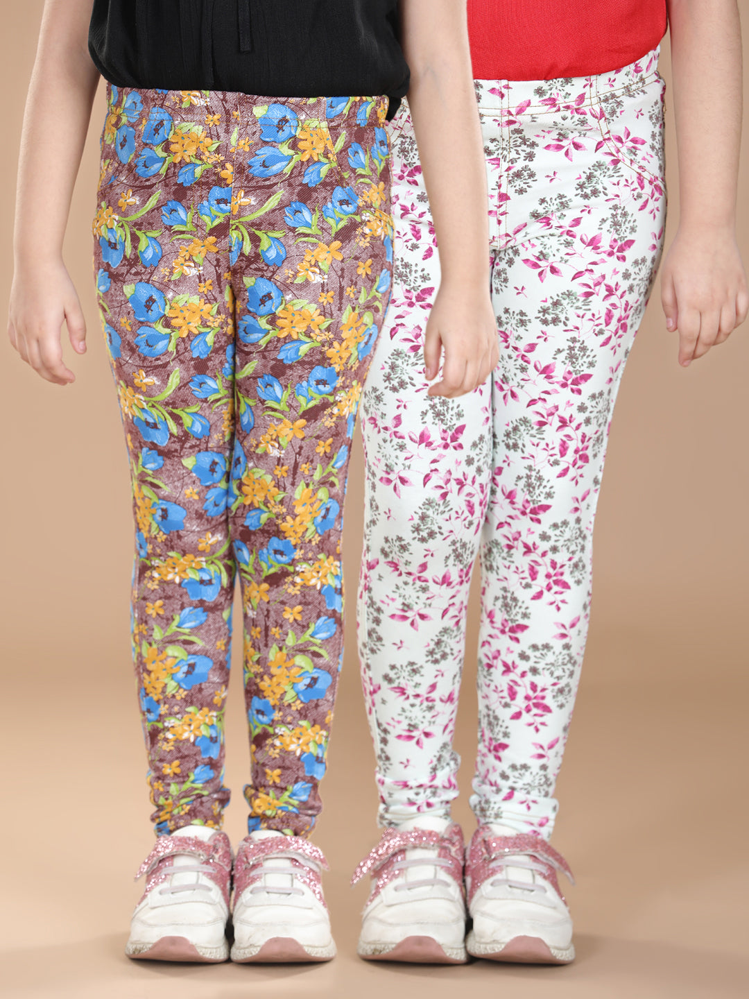 Girl's  Cotton Floral Printed Pack Of 2 Jeggings - S