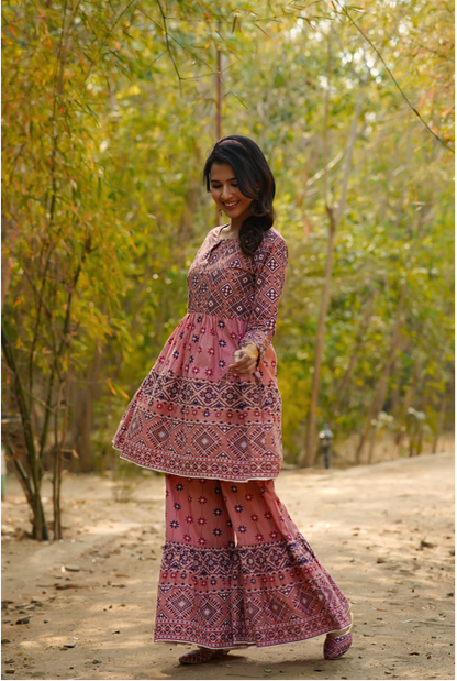 Women's Cambric Printed Flared Tunic Sharara Dupatta Set