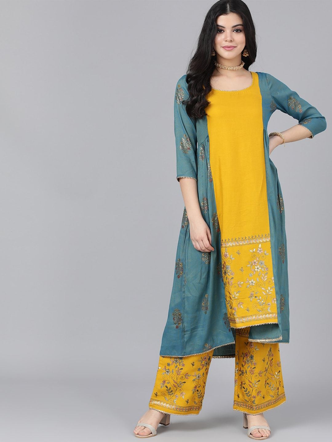 Women's  Mustard Yellow & Blue Floral Embroidered Kurta with Palazzos & Jacket