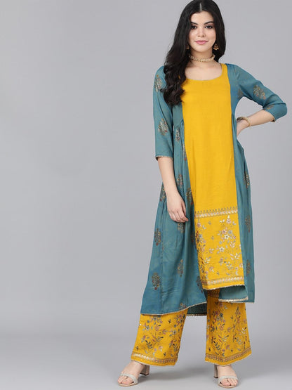 Women's  Mustard Yellow & Blue Floral Embroidered Kurta with Palazzos & Jacket