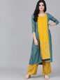 Women's  Mustard Yellow & Blue Floral Embroidered Kurta with Palazzos & Jacket