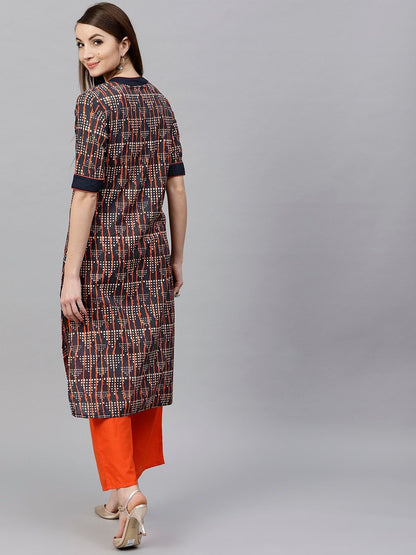 Women's  Navy & Orange Printed Kurta with Palazzos