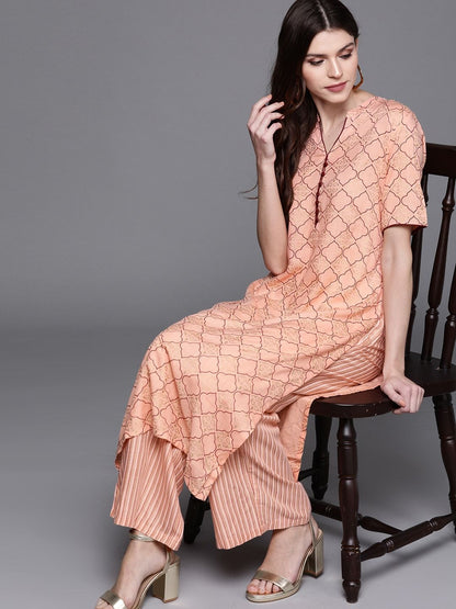 Women's  Peach-Coloured & Golden Printed Kurta with Palazzos