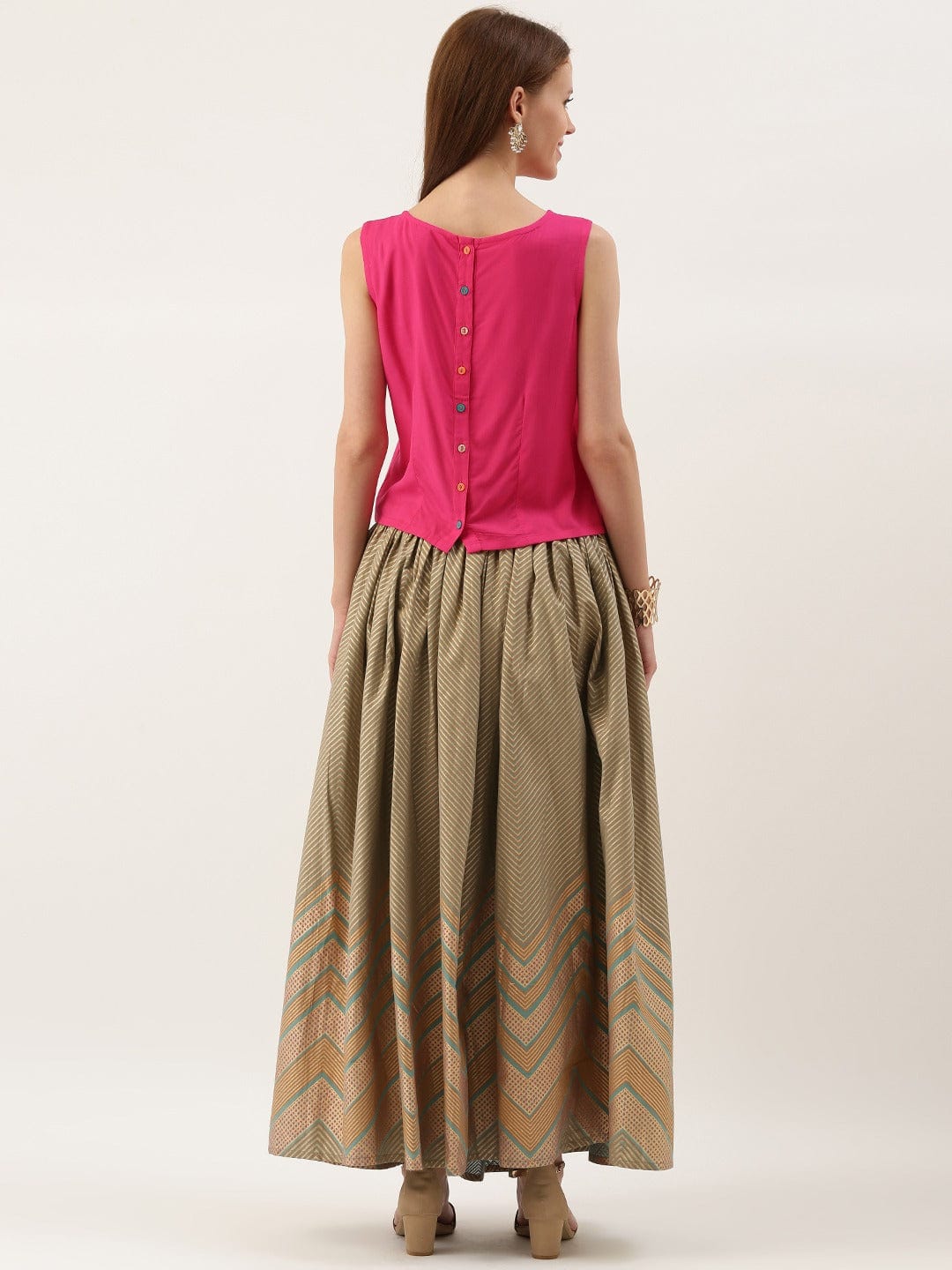 Women's Pink & Golden Embroidered Top with Skirt