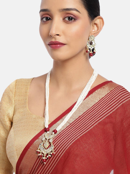 Women's Gold PlatedMaroon Ethnic Kundan Pearl Studded Long Necklace Set