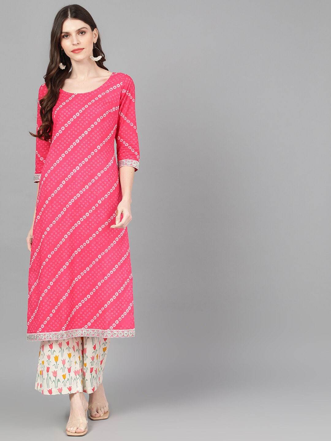 Women's  Magenta & Off-White Printed Kurta with Palazzos