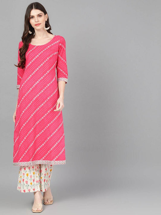 Women's  Magenta & Off-White Printed Kurta with Palazzos