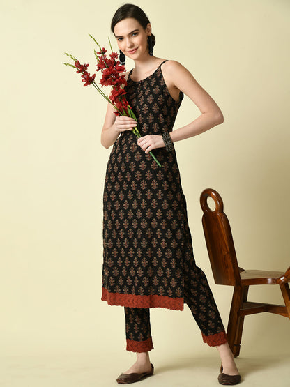 Women's Black Straight Printed Kurta