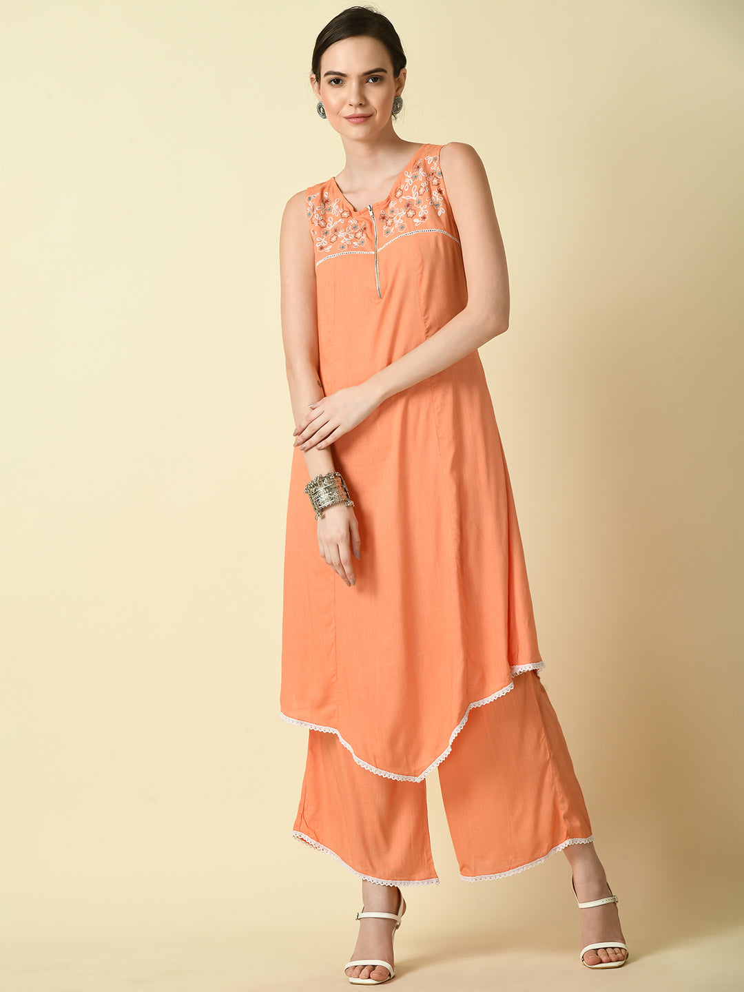 Women's Peach Embroidered Kurta With Palazzo