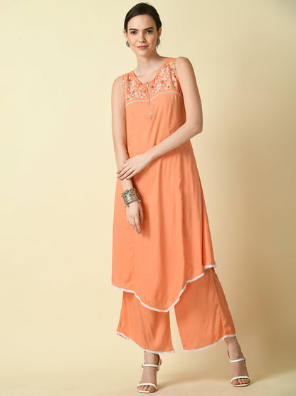 Women's Peach Embroidered Kurta With Palazzo