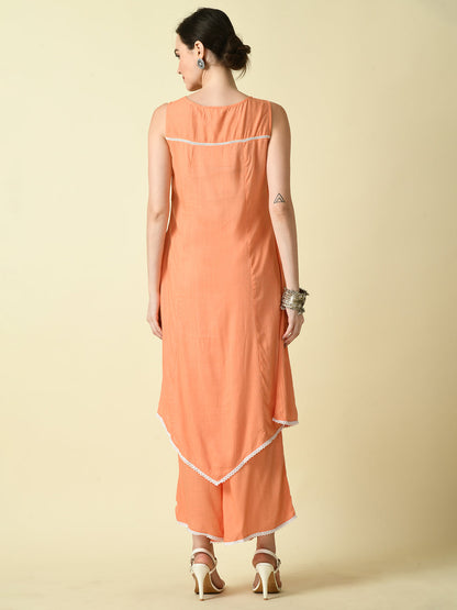 Women's Peach Embroidered Kurta With Palazzo