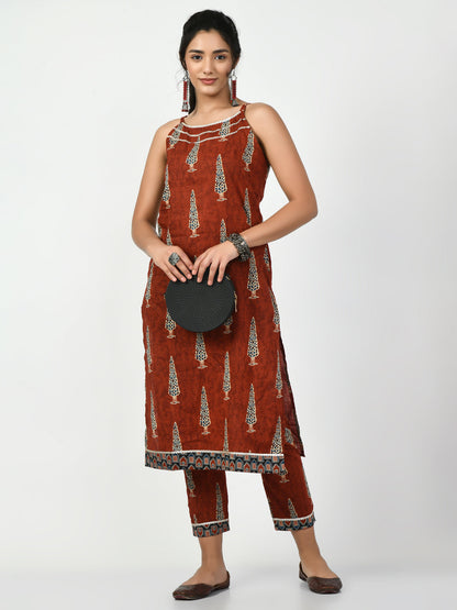 Women's Rust Printed Kurta With Trouser