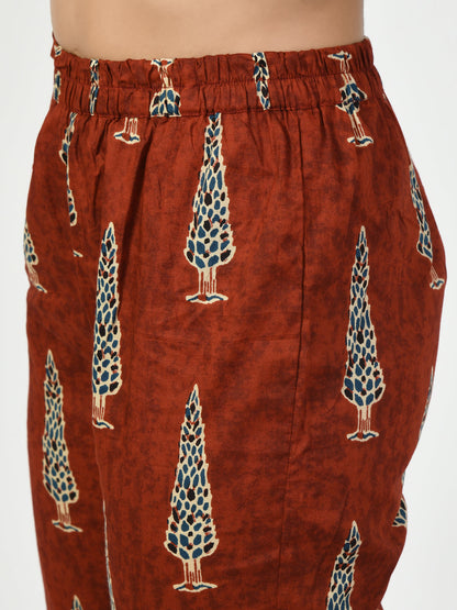 Women's Rust Printed Kurta With Trouser