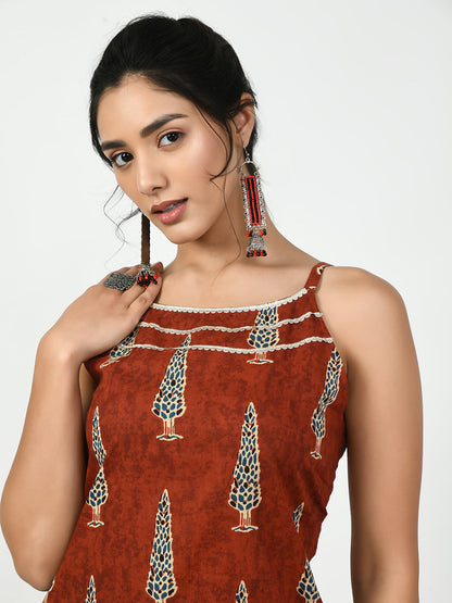 Women's Rust Printed Kurta With Trouser