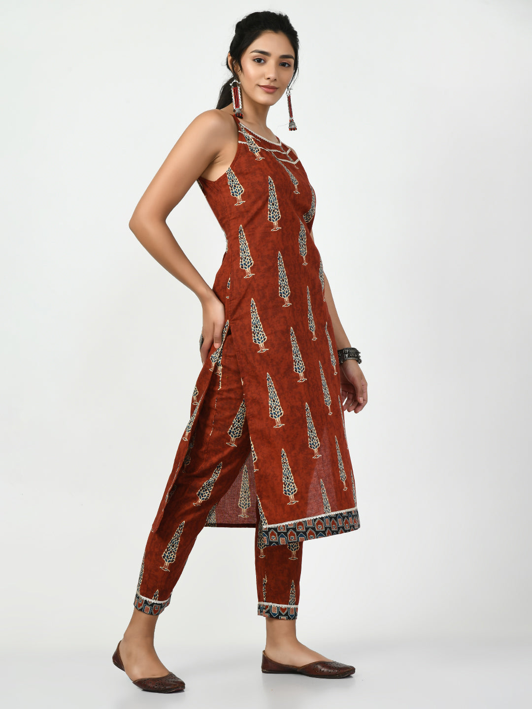 Women's Rust Printed Kurta With Trouser
