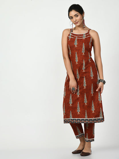 Women's Rust Printed Kurta With Trouser