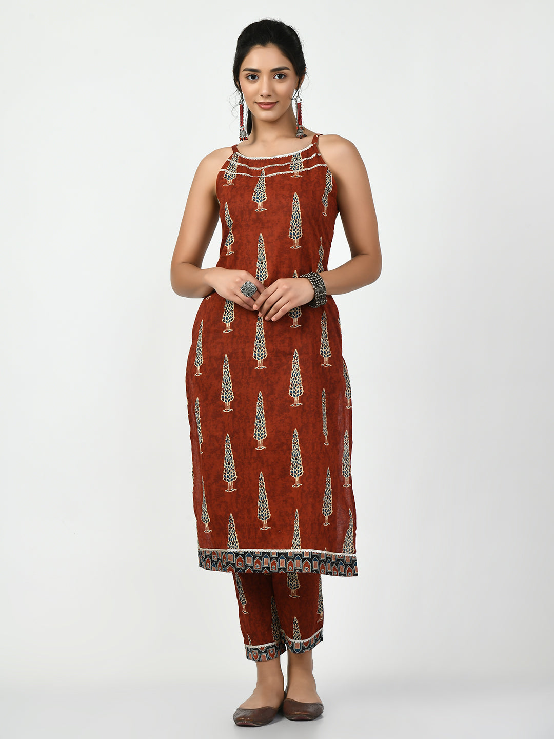Women's Rust Printed Kurta With Trouser