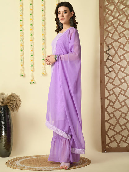 Women's Purple  Georgette Kurta & Skirt With Dupatta Party Sets
