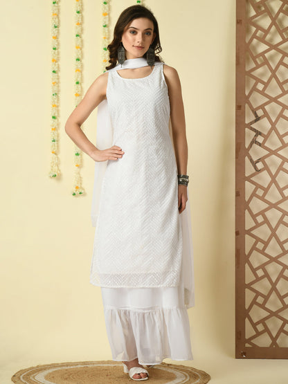 Women's White  Georgette Kurta & Skirt With Dupatta Party Sets