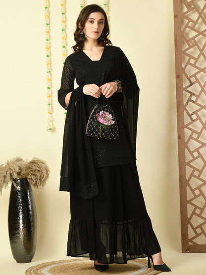 Women's Black  Georgette Kurti & Skirt With Dupatta Party Sets