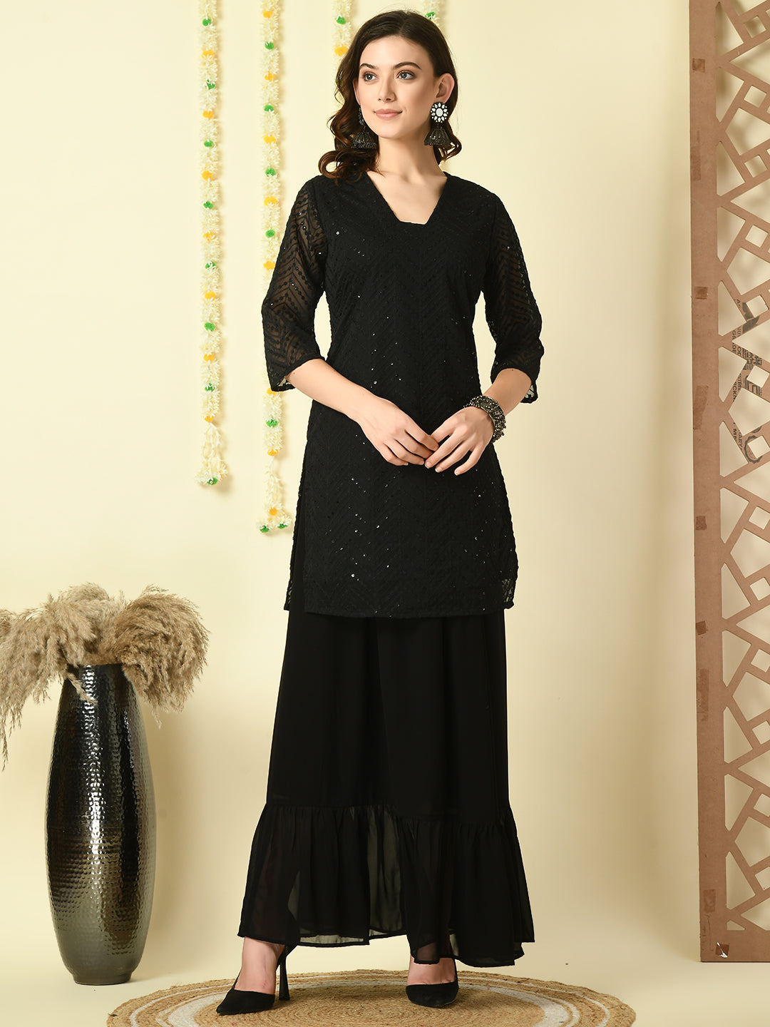 Women's Black  Georgette Kurti & Skirt With Dupatta Party Sets