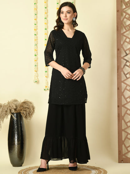 Women's Black  Georgette Kurti & Skirt With Dupatta Party Sets