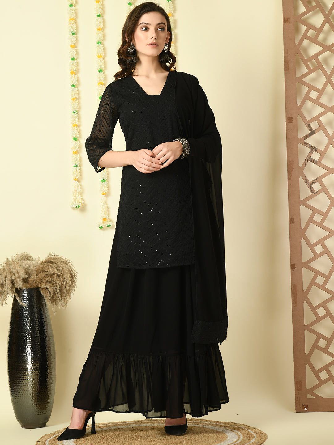Women's Black  Georgette Kurti & Skirt With Dupatta Party Sets