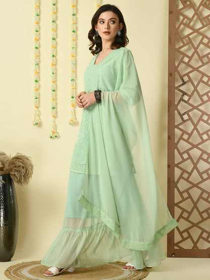 Women's Green  Georgette Kurti & Skirt With Dupatta Party Sets