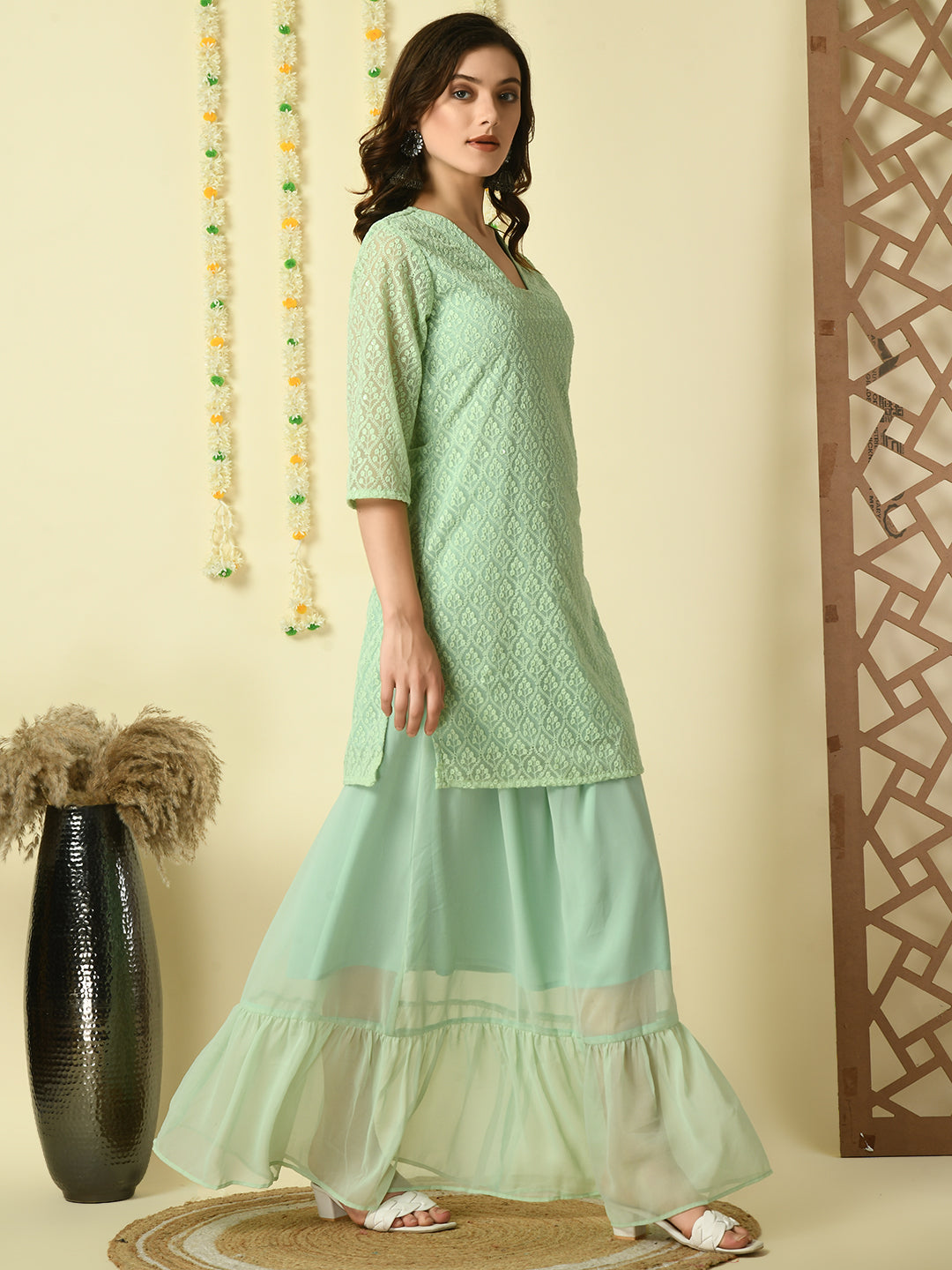 Women's Green  Georgette Kurti & Skirt With Dupatta Party Sets