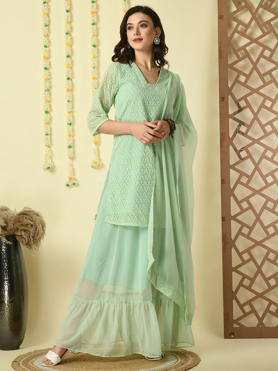 Women's Green  Georgette Kurti & Skirt With Dupatta Party Sets